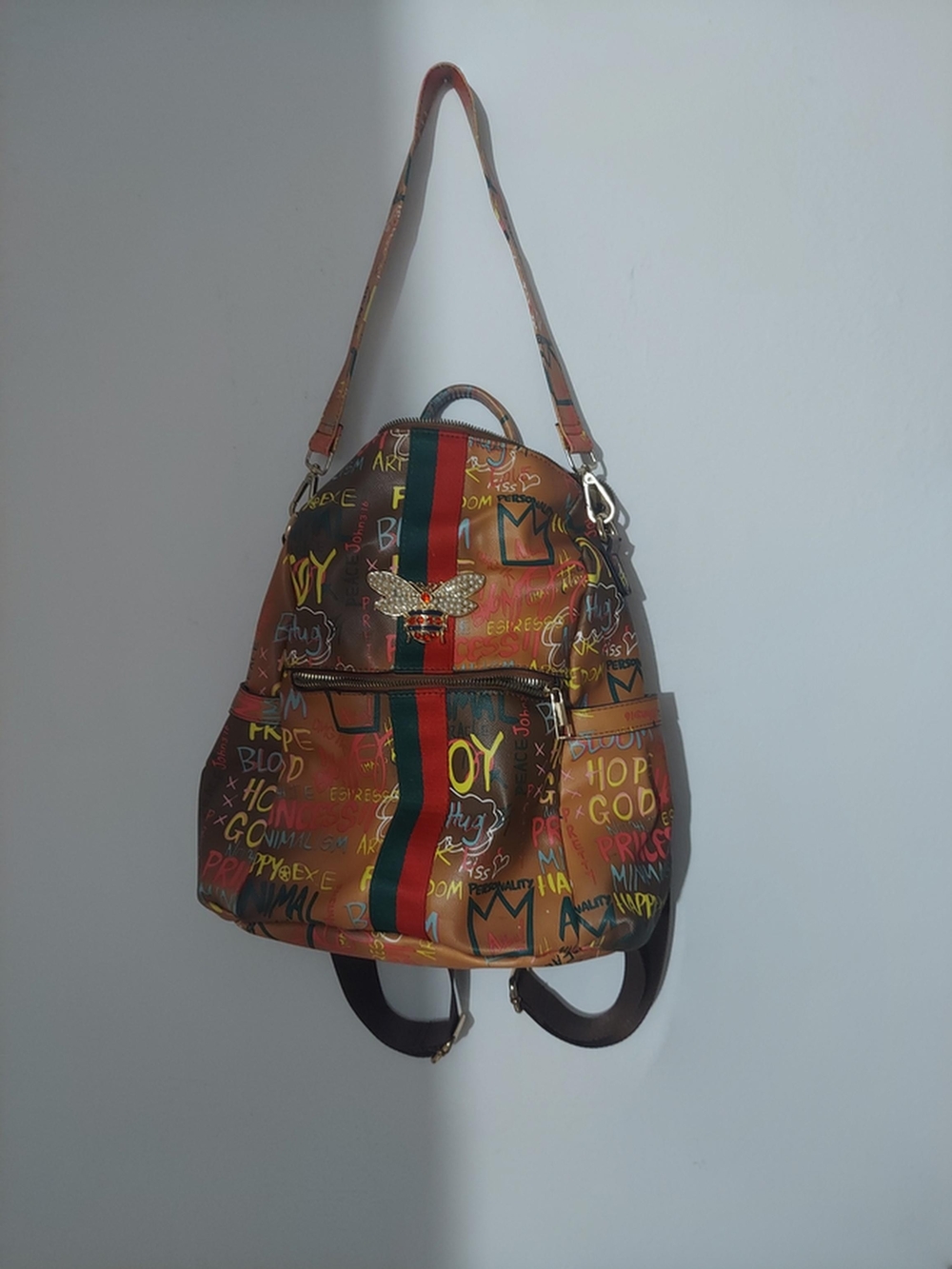 Alba Brown Graffiti Backpack with Green-Red Stripe and Multicolor Accents